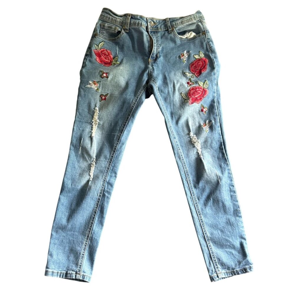 The Style Between Us Rose Hummingbird Embroidered Distressed Jeans Girl 9 Blue